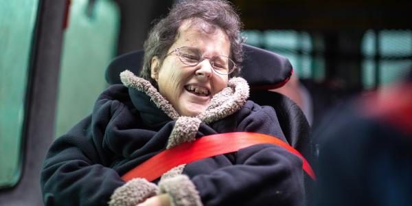 Lynn in the minibus on the way to Goodison Park, home of Everton Football Club