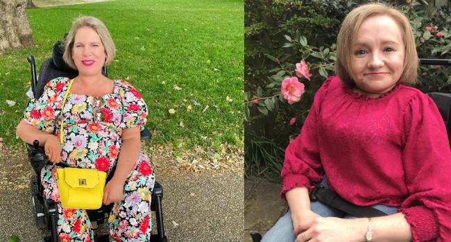 A image of Chloe in a floral jumpsuit in her wheelchair next to an image of Penny in her wheelchair in the garden