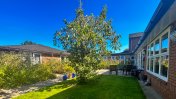 Outside garden area with a tree in the middle with patio and brown garden furniture