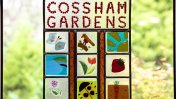 A stained glass hanging mosaic saying cossham gardens 