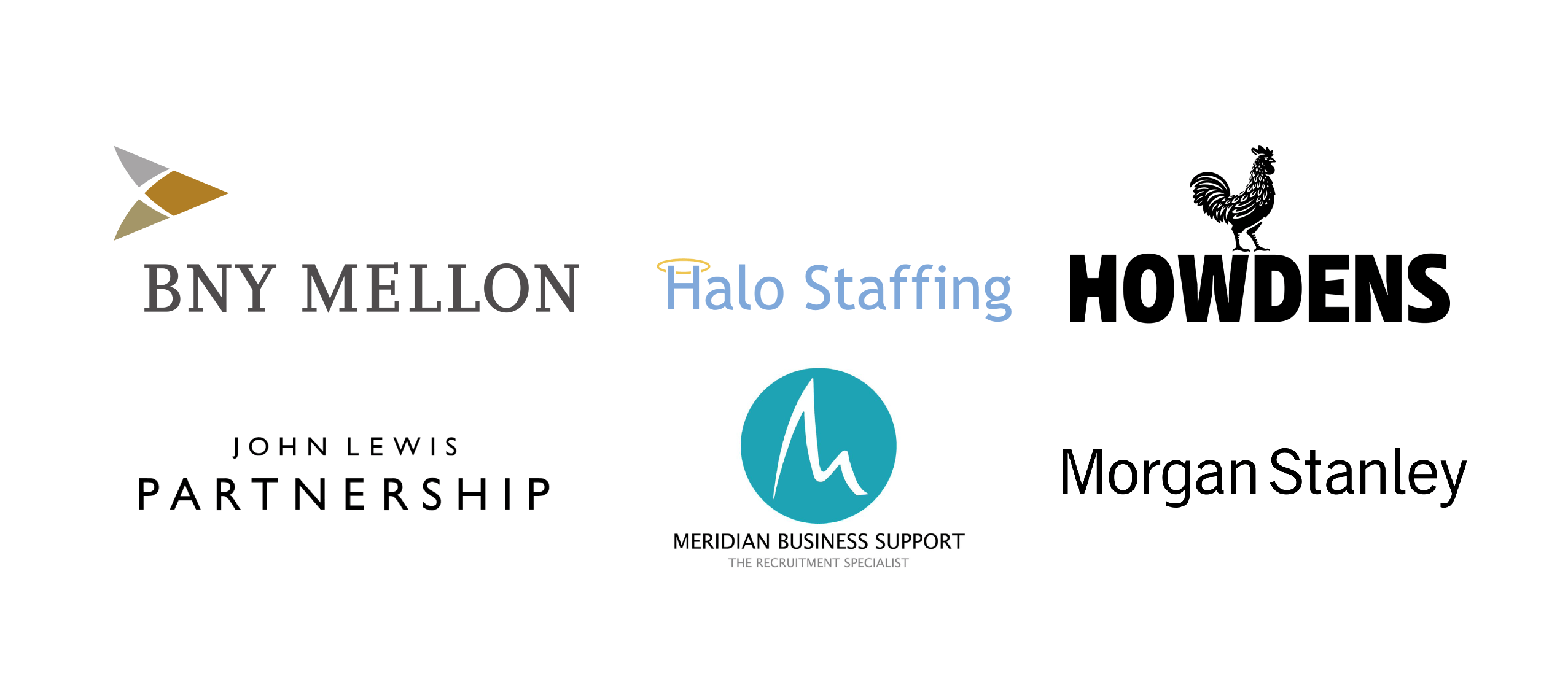 Logos of our corporate partners - bny mellon, halo staffing, howdens, john lewis, merdian business support, morgan stanley