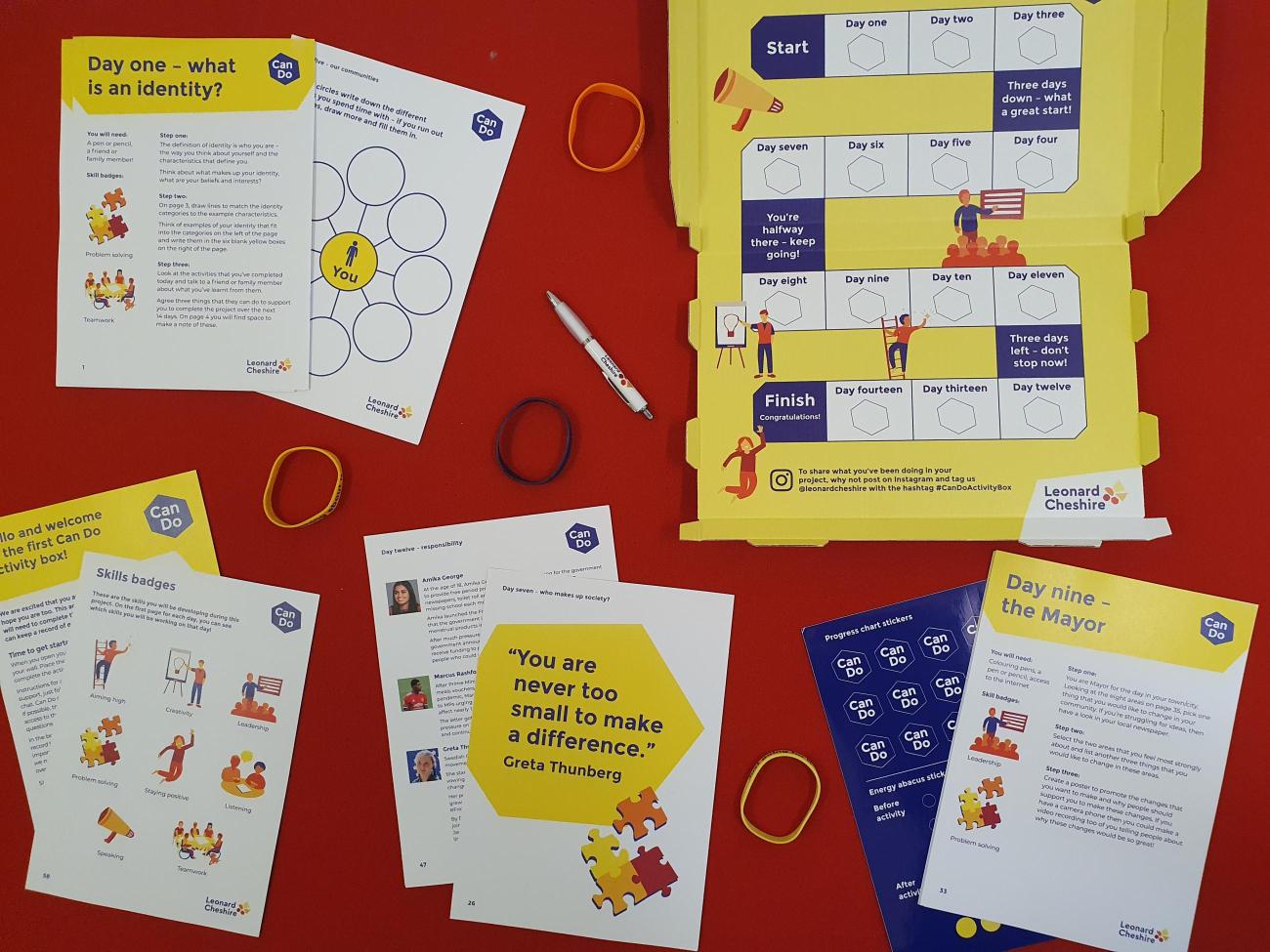 flat lay of items in the can do activity box