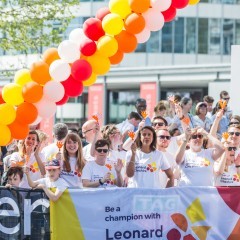 Supporters of Leonard Cheshire cheer on runners at the 2018 London Marathon